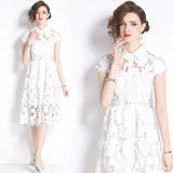 Temperament socialite  water-soluble lace elegant age-reducing medium and long white dress high-end women's popular new