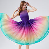 Fashion light luxury temperament sleeveless round neck waist thin a word rainbow gradual change color chiffon dress elegant long dress