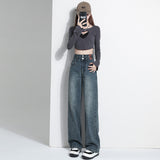 kamames High Waist Double Buckle Straight Jeans for Women  Spring and Autumn New Small Loose Drooping Wide Leg Mop Pants