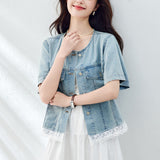 Cotton cocoon, lace splicing washed old denim short-sleeved shirt women