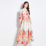 popular early spring new court style stand-up collar flower dress single-breasted design long dress