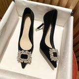 2025  pointed rhinestone high heels for women's autumn popular new stiletto black professional single shoes for women
