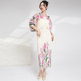 2025 High-quality women's clothing fashion dress women's spring and summer new printed bat sleeves to cover the belly and look thin and elegant long dress