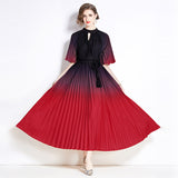 popular summer new pleated celebrity short-sleeved stand-up collar waist a word gradual change color dress elegant dress long dress