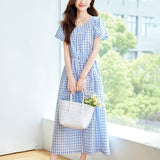 Cotton cocoon, Japanese lapel half-open button plaid dress