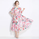 Chiffon dress women's popular new summer dress design sense printing medium sleeve loose and thin medium and long holiday skirt