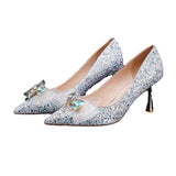 kamames High Heels Wedding Shoes  Summer Silver Bow Crystal Shoes Bride Not Tired Feet Pumps Women