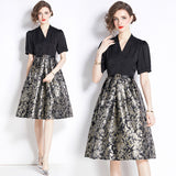 Temperament V-neck jacquard dress women's popular summer new retro high-end waist fake two-piece skirt