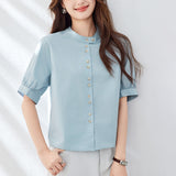 Cotton cocoon, thin blue shirt women's five-quarter sleeves  summer new crew neck top design loose shirt