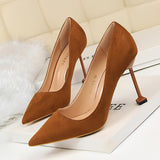 2025 1716-1 Korean version fashionable and sexy pedicure and thin high heels women's shoes thin heels high heels suede light mouth pointed single shoes