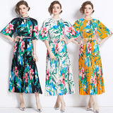 Popularan large-size women's clothing printing heavy industry beaded pleated long dress pleated skirt temperament dress women