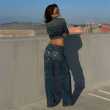 2025 Street style hottie low waist design butterfly hot diamond jeans women retro old straight jeans women New