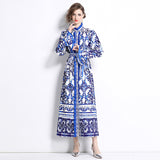 Light luxury temperament stand-up collar horn sleeve waist celadon printed a-word dress elegant dress long dress