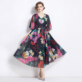Chiffon dress women's popular new summer dress design sense printing medium sleeve loose and thin medium and long holiday skirt