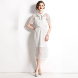 light luxury retro style lapel sexy hollow high sense heavy lace waist thin white dress
