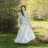 New Chinese top, diagonal shirt, seven-quarter-sleeved ramie printed literary loose shirt A0762