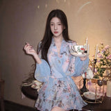 spring new  flower print long-sleeved dress high-end light luxury beautiful short skirt M4221