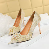 2025 628-2  sexy banquet high heels stiletto high heel shallow mouth pointed pearl flower rhinestone women's shoes single shoes