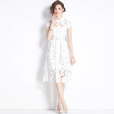 Temperament socialite  water-soluble lace elegant age-reducing medium and long white dress high-end women's popular new