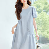 Cotton cocoon, blue bubble sleeve dress women's  summer new loose and thin design niche thin skirt