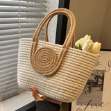 KAMAMES New Woven Bag Simple Back Shape Straw Handbag Crossbody Vacation Cotton String Commuting Women's Tote Bag