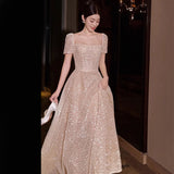 wedding dress 2025 new bridal temperament square collar super fairy fine flash out the door yarn slim and thin banquet evening dress