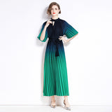 popular summer new pleated celebrity short-sleeved stand-up collar waist a word gradual change color dress elegant dress long dress