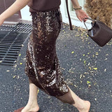 2025 Popularan goods  early spring high-end heavy industry sequined skirt women's niche designer chocolate brown skirt