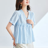 Cotton cocoon,  V-neck bubble sleeve short-sleeved shirt women's summer gentle wind sweet doll shirt chic skirt top
