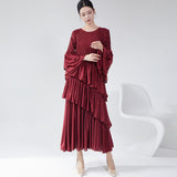 2025 Hot trade dress women's spring and summer high-end round neck horn sleeve cake skirt fashion temperament elegant pleated dress skirt