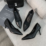 kamames Women's Stiletto Heel New Work Shoes Soft Leather Non-Wear Black Single-Layered Shoes Leather Shoes Work Shoes