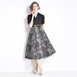 summer new temperament elegant retro fake two-piece splicing V-neck jacquard pendulum dress women