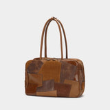 The first layer of cowhide splicing bowling bag New new miu home retro leather women's bag large capacity Boston bag