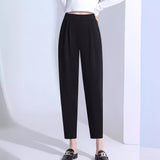 kamames Spring and Summer Cropped Pants High Waist Pocket Elastic Harem Pants Elastic Straight Draping Belly Covering Casual Pants Smoke Tube Women's Pants