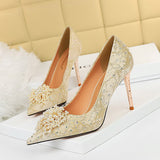 2025 628-2  sexy banquet high heels stiletto high heel shallow mouth pointed pearl flower rhinestone women's shoes single shoes