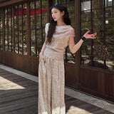 summer national style Chinese-style printing high waist fashion wide-leg trousers swing neck sleeveless top set female N4024