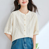 Cotton cocoon,  retro embroidered short-sleeved shirt women's summer gold buckle lantern sleeve design sense chic small shirt