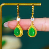 Retro  green opal durian ear buckle light luxury green water drop earrings light luxury durian lifetime long earrings