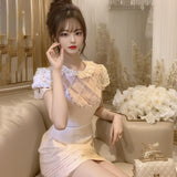Heavy Industry  Handmade Beaded Premium Dress Women's Summer Lotus Leaf Edge Bubble Sleeve Short Fairy Dress L6081