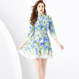 Women's Clothing Spring/Summer popular - Stand-Up Collar Wide Skirt Vintage Short Mini Printed Dress