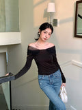 2025 popular spring new temperament one-word shoulder suspender bottoming shirt long-sleeved knitted sweater women's top 9729