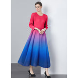 Miyake gradual change color dress women commuter advanced sense seven-quarter sleeve pleated bud skirt big swing long dress large size women's clothing