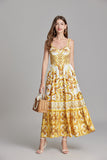 Yellow color suspender long dress popular summer dress yellow ceramic print vacation dress beach tube top skirt