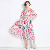 Chiffon dress women's popular new summer dress design sense printing medium sleeve loose and thin medium and long holiday skirt
