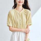 Cotton cocoon, organ pleated goose yellow short-sleeved shirt women's summer  new texture temperament versatile shirt