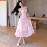 2025 Gentle wind pink flower long v-neck waist suspender a-word dress women's summer super fairy seaside vacation dress