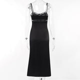 Elegant Sexy Transparent Lace Strap Dress Sleeveless Backless Deep V Evening Party Dress Summer Slim Black Long Sundress