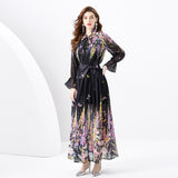 celebrity style high-end suit women's chiffon shirt temperament versatile long skirt printing two-piece set trendy
