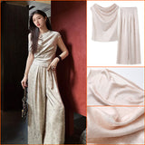 summer national style Chinese-style printing high waist fashion wide-leg trousers swing neck sleeveless top set female N4024