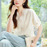 Cotton Cocoon V-Neck Positioning Embroidered Short Sleeve Shirt